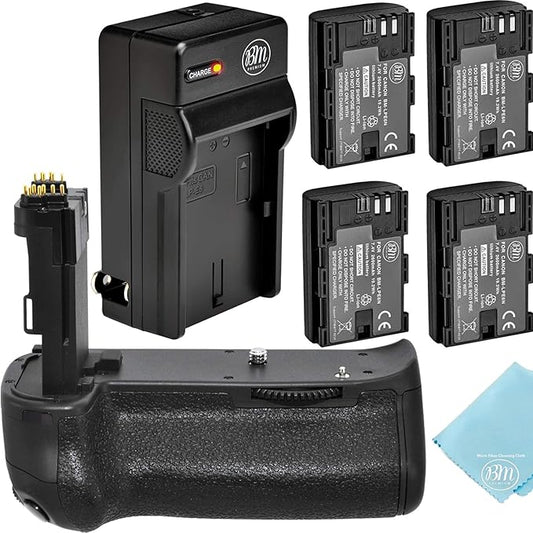 Battery Grip Kit for Canon EOS 70D, EOS 80D, EOS 90D Digital SLR Camera Includes Vertical Battery Grip BG-E14 Replacement + Qty 4 BM Premium LP-E6 Batteries + Rapid AC/DC Charger