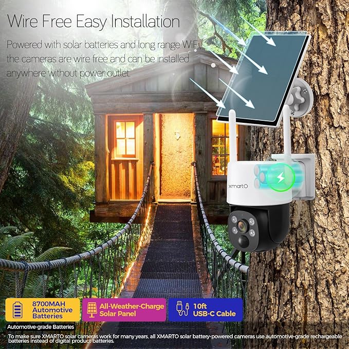 XMARTO Night Color Wire-Free Solar Home Security Camera System with Pan Tilt and Zoom，10-Set CCTV Cameras Kit with 4K 10CH Expandable WiFi NVR 1TB Storage