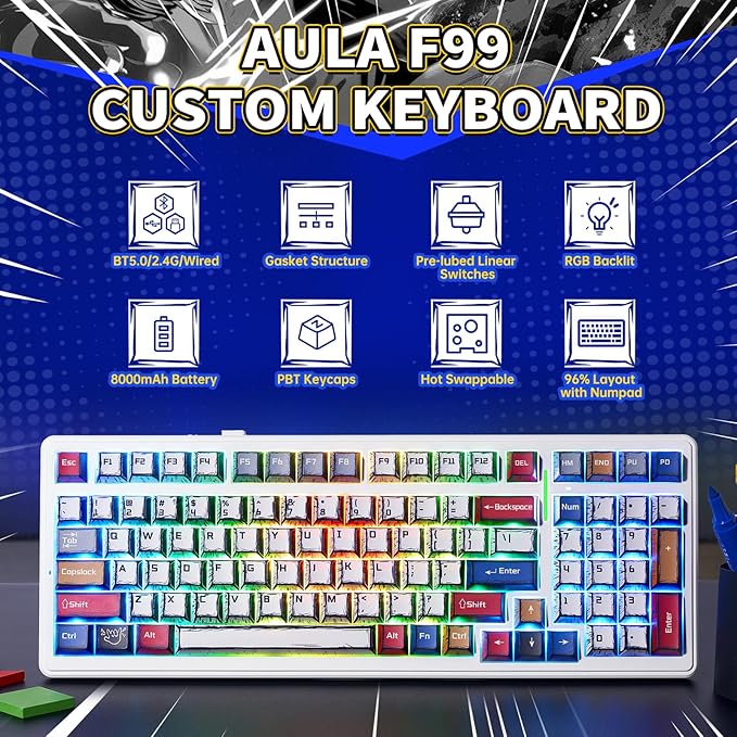 x Aula F99 Wireless Gaming Keyboard, Bluetooth Mechanical Keyboard Hot Swappable Custom Creamy Computer Keyboards, RGB Backlit, Tri-Mode BT5.0/2.4GHz/USB-C, Gasket Structure, Pre-lubed Linear Switches