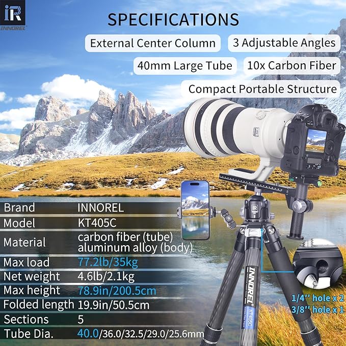 INNOREL KT405C Compact Carbon Fiber Camera Tripod 40mm Max Tube Professional 5 Sections Travel Tripod for Digital DSLR Video Camcorder Heavy Duty Camera Stand Load 77.2lb/35kg with Center Column