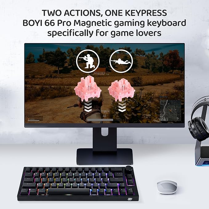 BOYI 66Pro Rapid Trigger Magnetic Switch 65% Mechanical Keyboard,Hall Effect Gasket-Mounted RGB HotSwap Hyper-Fast Adjustable Actuation Wired Compact Gaming Keyboard with Knob(Black)