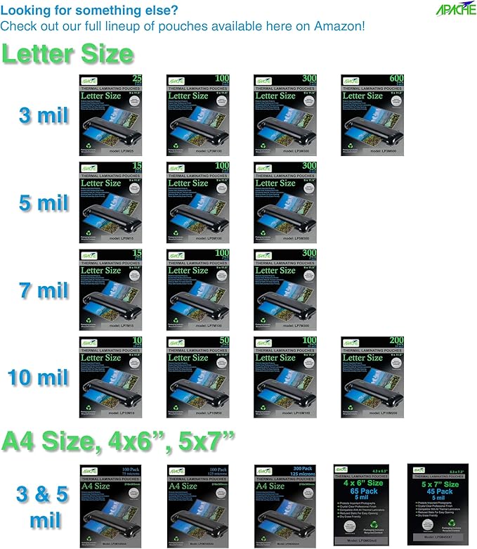Apache Laminating Pouches 3 mil, for 8.5 x 11 inch Letter Size Paper, 9 x 11.5 inch Sheets, 100 Pack, Office and School Supplies, Thermal Laminator, Super Clear Sheets, 100-Pack, 3mil, Letter Sized