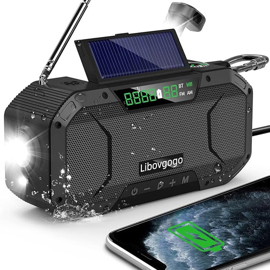Emergency Radio Waterproof Bluetooth Speaker,Portable Digital AM FM Radio with Flashlight,Reading Lamp,Hand Crank NOAA Weather Radio with Solar Panel,5000mAH Cell Phone Charger,Emergency Survival Kit