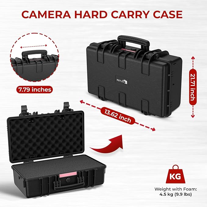 REFLEX CAMERA Hard Portable Waterproof IP67 Case with Customisable Foam Inserts for Maximum Protection ideal for Drones, Camera, Lens, Guns & Tools 21.7” x 13.6” x 7.8” Dust, Impact & Shock Resistant