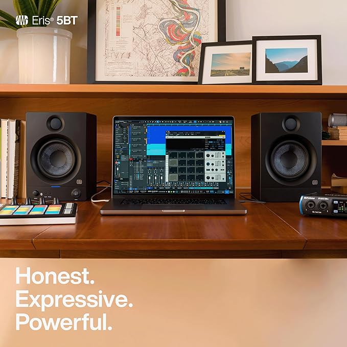 PreSonus Eris 5BT Bluetooth Studio Monitors, Pair — 5.25" Inch Powered Bookshelf Speakers, Stereo, Desktop Computer, Near Field Music Production, Audio Mixing Recording