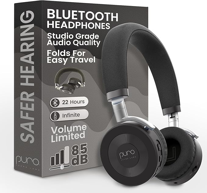 Puro Sound Labs JuniorJam Plus Volume-Limiting Wireless Bluetooth Headphones for Kids, Secure Audio with Adjustable On-Ear Design, 22-Hour Battery, Ideal for Tablets, Smartphones & PCs - Black