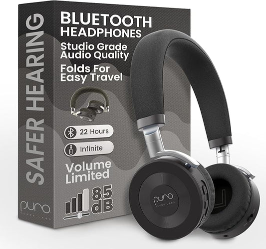 Puro Sound Labs JuniorJam Plus Volume-Limiting Wireless Bluetooth Headphones for Kids, Secure Audio with Adjustable On-Ear Design, 22-Hour Battery, Ideal for Tablets, Smartphones & PCs - Black