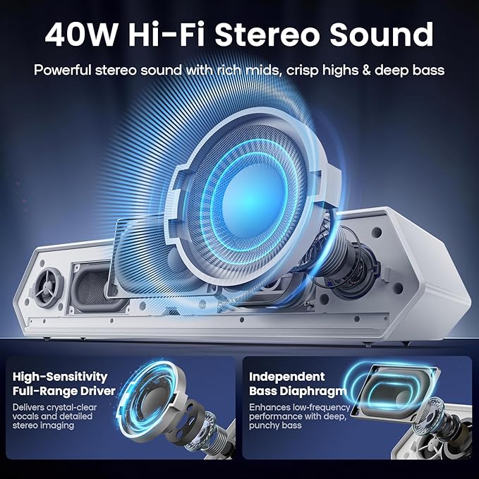 Deeyaple Computer Speakers, 40W Wireless Soundbar for Desktop PC with Bluetooth 5.3 & USB Audio,Software Custom EQ, Dynamic RGB Lighting, External Power Adapter Gaming Speakers, Laptop, Xbox (White)