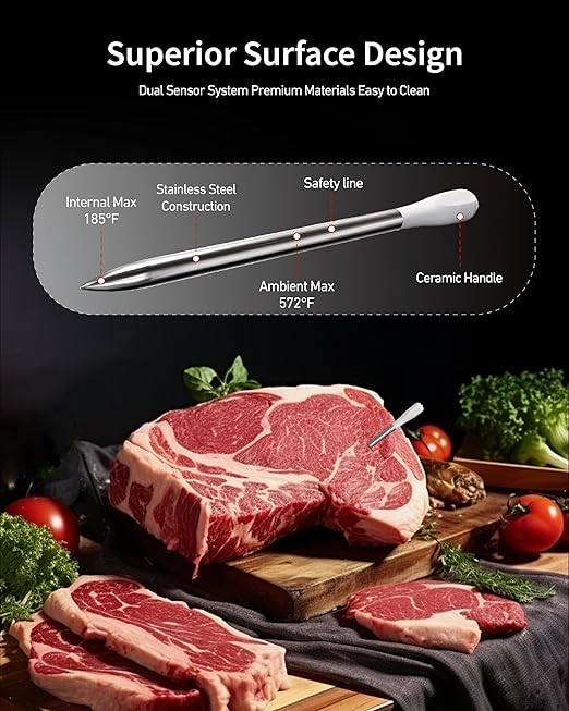 Wireless Smart Meat Thermometer - Digital Food Meat Thermometer up to 500Ft Remote Range with Bluetooth 5.2 .Thin Probe, for Grill Oven BBQ Smoker Rotisserie, iOS & Android APP