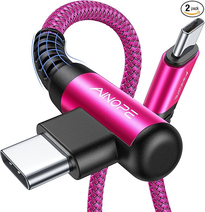 AINOPE USB C Cable 60W 2-Pack 6.6ft Nylon Braided USB C to USB C Cable Type C Charger Fast Charging Right Angle USBC Cable Charger Cord for iPhone 16 Pro Max 15 Plus Samsung S24 S23 iPad Pro Rose Red