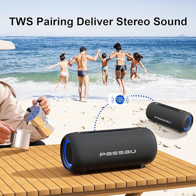 Passau Portable Bluetooth Speakers Loud 40W Peak Stereo Sound, Passive Radiators-Deep Bass, All Day Playtime, Adjustable Strap, BT5.3, IPX5 Wireless Speaker RGB Lights for Indoor Outdoor