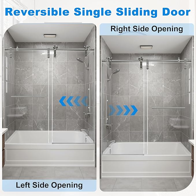 56-60" W x 66" H Tub Shower Door Bathroom Sliding Shower Door 5/16"(8mm) Thick Tempered Glass Shower Door with Double Stainless Steel Handles for Bathtub, Brushed Silver