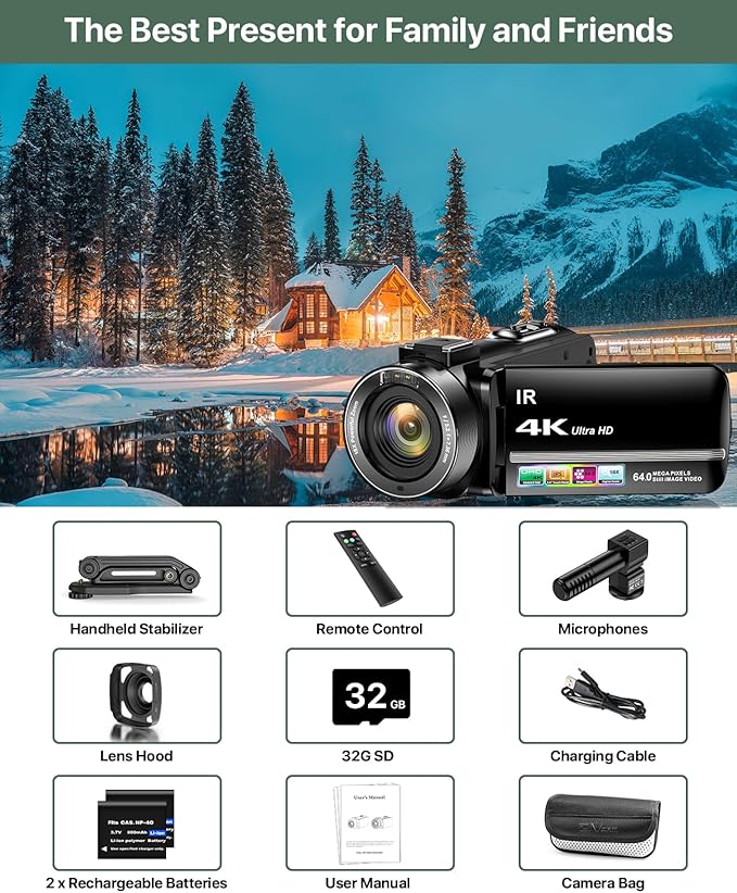 4K Video Camera Camcorder 64MP Vlogging Camera for YouTube 3.0" Touch Screen 18X Digital Zoom IR Night Vision with External Stereo Microphone,Remote,Lens Hood,Handheld Stabilizer,32G Card &2 Batteries