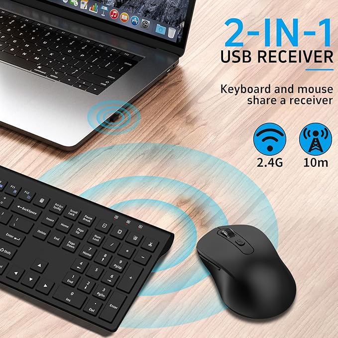 Wireless Mouse and Keyboard Combo, Full-Size Computer Keyboard with Calculator Button, 2400 Dpi Ergonomic Mouse, Ultra-Thin Cordless USB Keyboard and Mouse Set for Laptop Windows Mac - Black