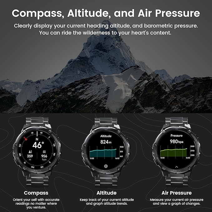 Smart Watches for Men GPS, Pressure,Altitude,Compass, 480mAh Extra-Large Battery, 50M Waterproof, Full Metal Body Rugged Smartwatch, Answer/Make Call,1.43" AMOLED Display(2 Bands)