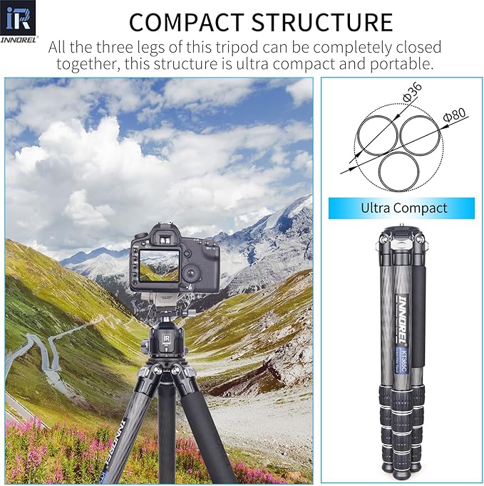INNOREL KT365C Compact Carbon Fiber Camera Tripod 36mm Max Tube Professional 5 Sections Travel Tripod for Digital DSLR Video Camcorder Heavy Duty Camera Stand Load 66.1lb/30kg with Center Column