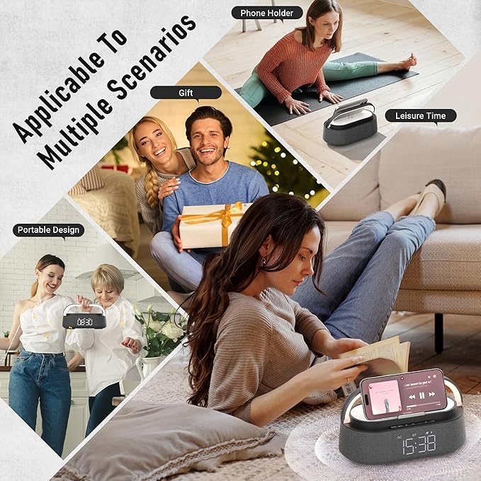 FREEFISH Bluetooth Speaker with Fast Wireless Charger,FM Radio,Touch LED Night Light,Phone Holder,Snooze, Portable Wireless Speaker for Bedrooms Office Home, Gifts (Black)