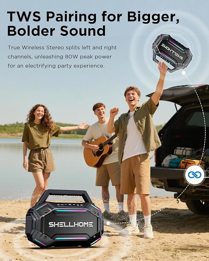 Bluetooth Outdoor Speakers, 80W(Peak) Loud Wireless Speaker, 30H Playtime, RGB Lights, BassUp 2.0, IPX6 Waterproof, TWS, Bluetooth 6.0, Portable Boombox for Party, Pool, Beach, Black