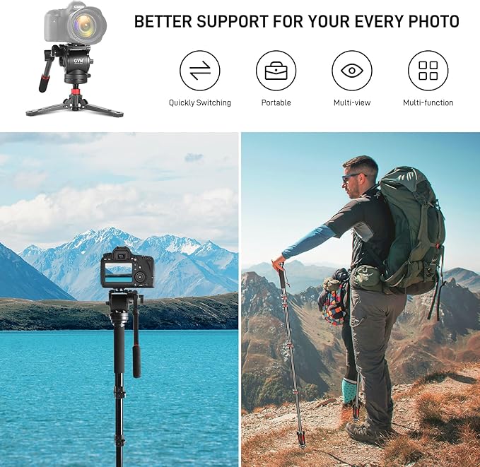GVM Tripod for Camera 74.8" Tall Camera Tripod Monopod, Professional Heavy Duty Compact Camera Stand for Phone Adjustable Multi-Angle Shot for Video Recording DSLR, Spotting Scope Telescope Binocular