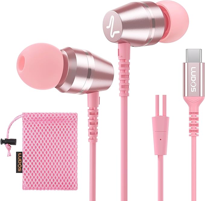 LUDOS OMNITONE USB C Headphones for iPhone 17 16 15 Pro Max Plus Air iPad Pro, 5 Years Warranty, USB-C Earbuds for Samsung Galaxy S24 S23 Ultra S22 S21 FE S20 Z Flip 3, USB Type C Earphones - Pink