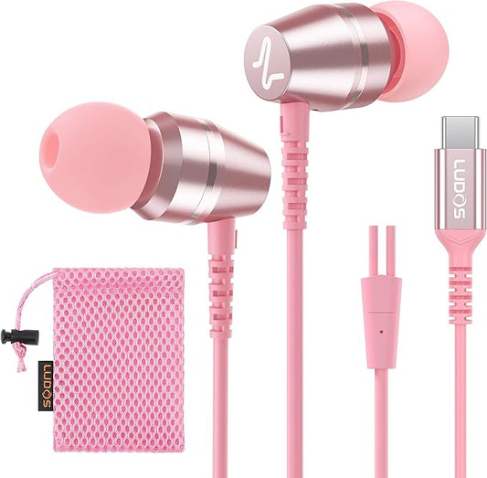 LUDOS OMNITONE USB C Headphones for iPhone 17 16 15 Pro Max Plus Air iPad Pro, 5 Years Warranty, USB-C Earbuds for Samsung Galaxy S24 S23 Ultra S22 S21 FE S20 Z Flip 3, USB Type C Earphones - Pink