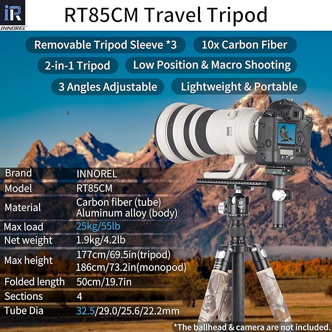 Carbon Fiber Tripod-INNOREL RT85CM Without Ballhead Super Professional Tripod Monopod Heavy Duty Stand Support for Digital DSLR Camera Brown Camouflage