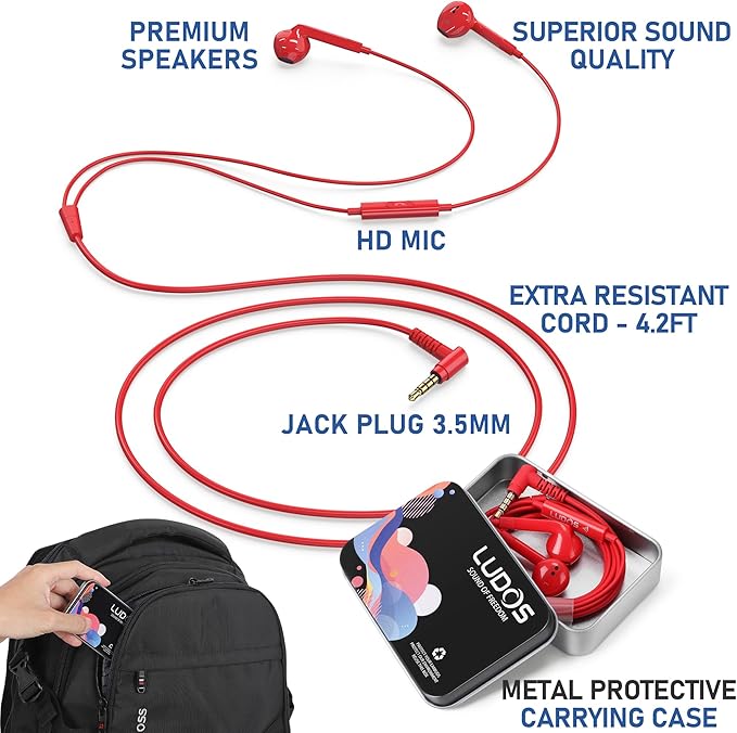 LUDOS FEROX Wired Earbuds in-Ear Headphones, 5 Years Warranty, Earphones with Microphone, Noise Isolation Corded for 3.5mm Jack Ear Buds for iPhone, Samsung, Laptop, Kids, School Students - Red
