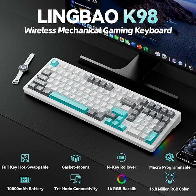 LINGBAO K98 Gaming Keyboard,10000mAh Battery,Wireless Mechanical Keyboard BT5.0/2.4G/USB-C, Gasket Hot Swappable,RGB Backlit, Creamy Sounding Keyboards with Number Pad for Win/Mac/PC/Gaming/Typing