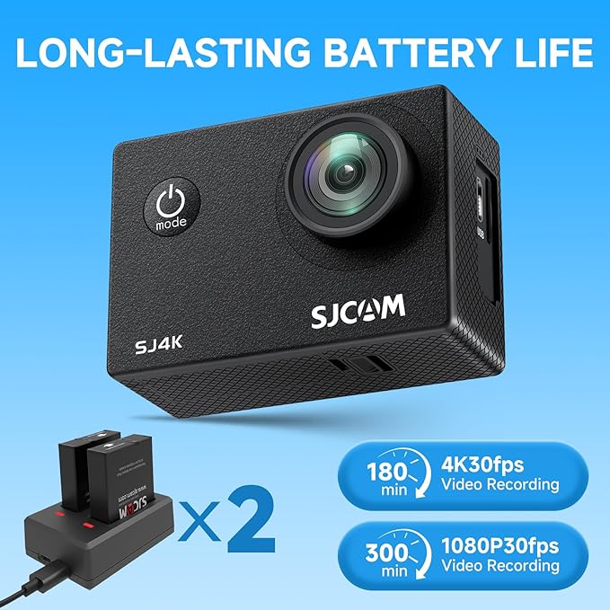 SJCAM SJ4000 Pro-Grade 4K Action Camera, 40MP 3-Axis EIS Stabilization Motorcycle Sport Camera, 170°FOV Waterproof Camera Underwater, 5X Zoom, Dual Batteries, 32G SD Card and Helmet Accessory Kit