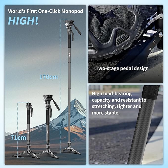 COMAN M1V5 Camera Monopod, One-Click Lifting Monopod with Feet, 67'' Lightweight monopod with V5 Fluid Head Quick Release Plate for Camera, DSLR, Camcorder