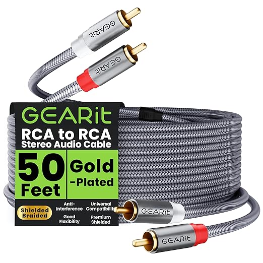 GEARit RCA Cable (50FT) 2RCA Male to 2RCA Male Stereo Audio Cables Shielded Braided RCA Stereo Cable for Home Theater, HDTV, Amplifiers, Hi-Fi Systems, Car Audio, Speakers, 50 Feet