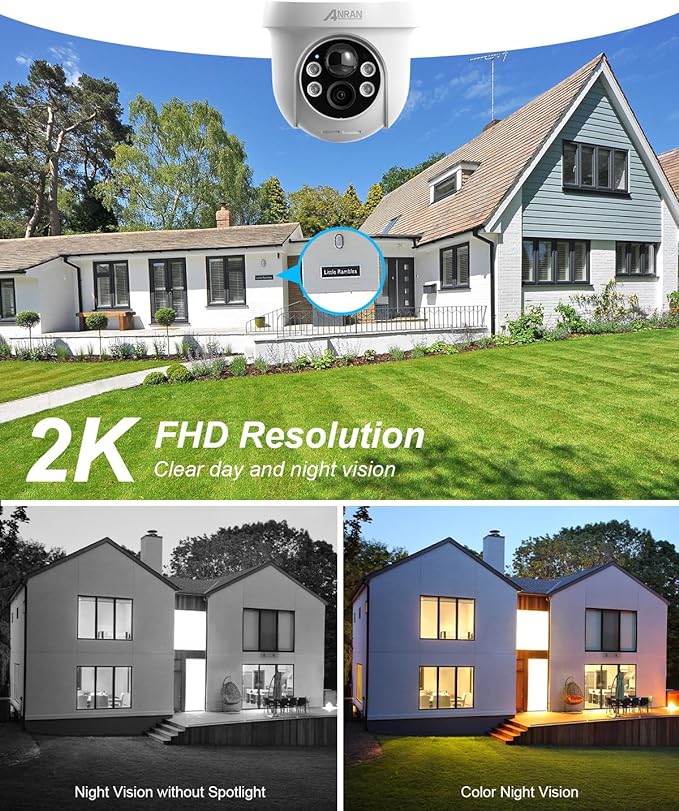 ANRAN 2K Security Camera Wireless Outdoor, Solar Outdoor Camera with 360° View, Smart Siren, Spotlights, Color Night Vision, PIR Human Detection, Pan Tilt Control, 2-Way Talk, Q01W 2 Packs