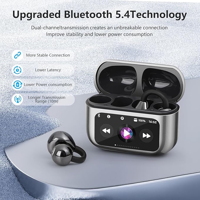 Open Ear Clip On Earbuds Intelligent Touch Color Screen Open Ear Wireless Bluetooth 5.4 Headphones Lightweight Comfort Sport Earbuds Built-in Mic IPX7 Waterproof Earphones for Running Fitness(Black)
