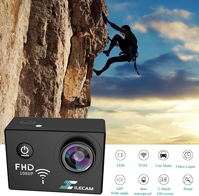 Action Camera 1080P WiFi Sports Camera 4xZoom Action Camera 40m/131ft Underwater Waterproof with 2 X1050 mAh Batteries and Multi-Function Accessory (X2T)
