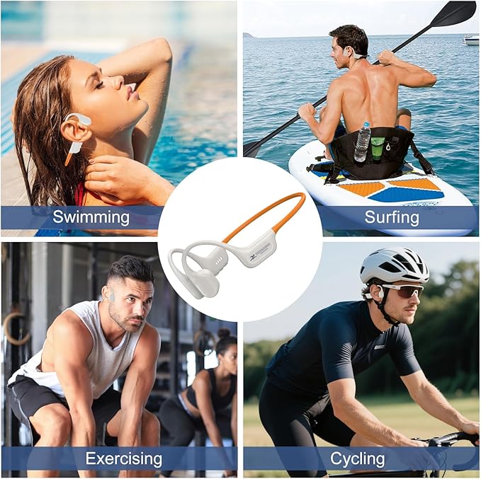 Swimming Headphones IP68 Waterproof, Open Ear Bone Conduction Headphones Bluetooth 5.4 with 32GB MP3 Player, Secure Comfort Underwater Swim Earbuds for Jogging Cycling Fitness-SurfAudio(Orange)