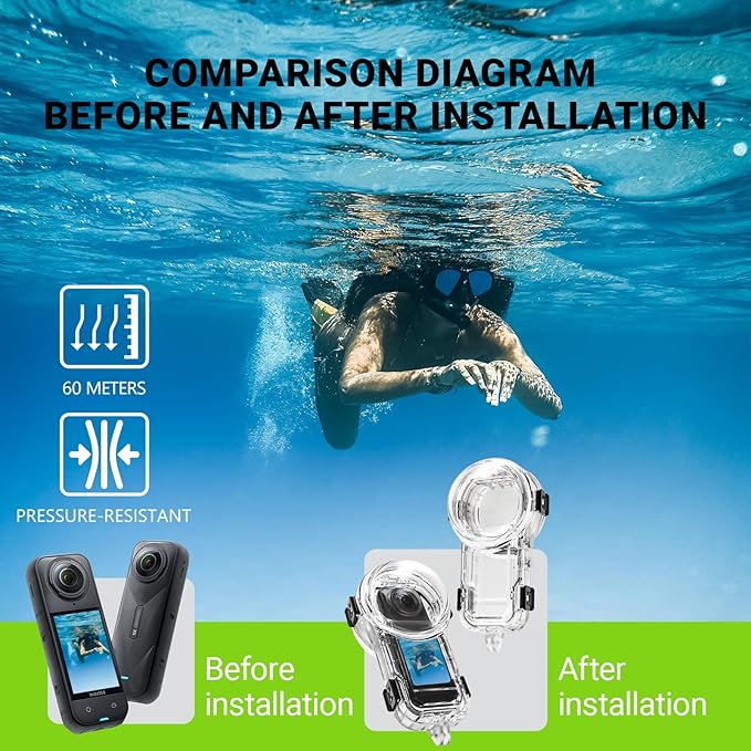 Invisible Dive Housing Case for Insta360 X5,Waterproof Up to 60M/196ft Invisible Underwater Photography Housing, X5 Protective Cover Shell with Bracket Accessories2