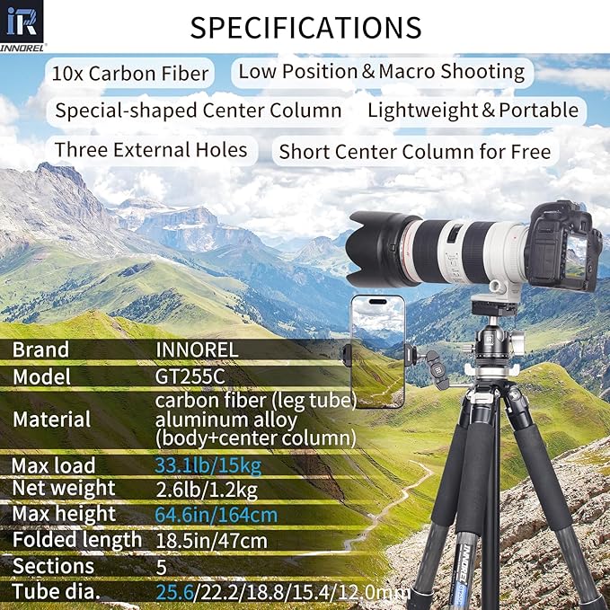Carbon Fiber Travel Tripod-INNOREL GT255C 64.6in 5 Section Professional Compact Portable Camera Tripod Stand for Travel Outdoor Digital DSLR with Special-Shaped Center Column Max Load 33lb/15kg
