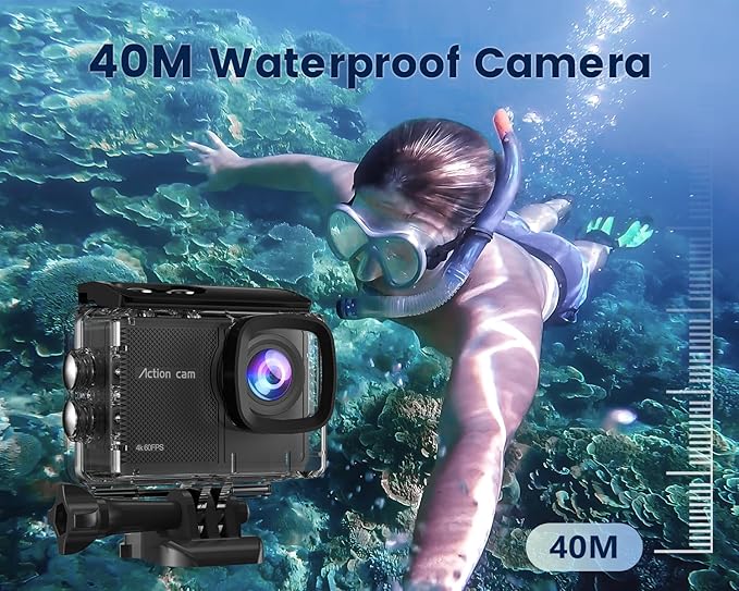 4K 60FPS Action Camera with 64GB Card-48MP Waterproof Camera,40M Underwater Camera,8X Zoom,EIS Stabilization,WiFi,Remote Control,MotorcycleCamera with 2 Rechargeable Batteries