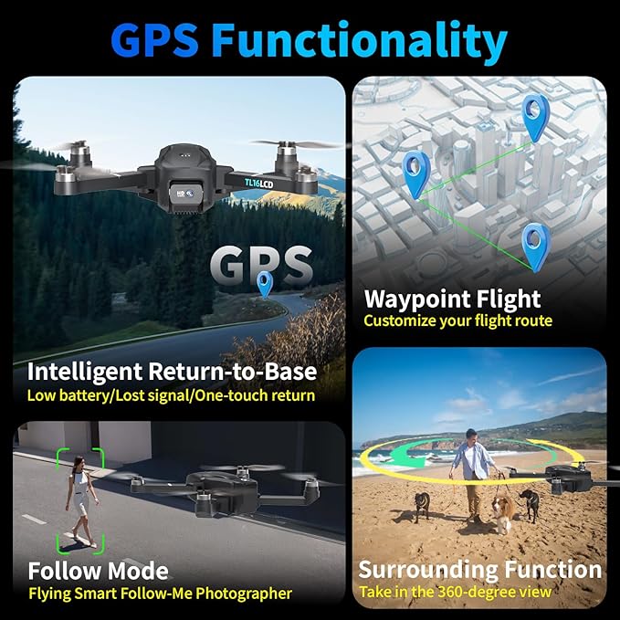TL16LCD GPS 4K Drone with Camera Brushless Motor Auto Return SD Card Support RC Quadcopter Headless Mode Adjustable Speed Rechargeable Remote Controller