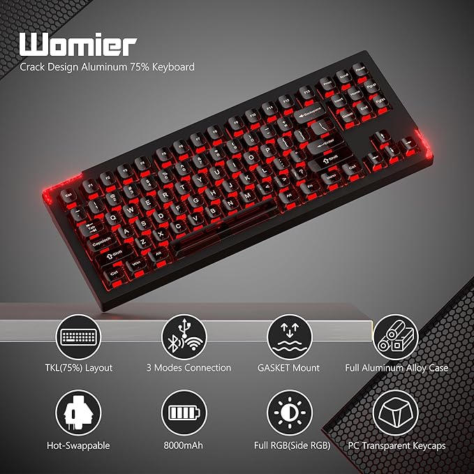 SK87 75% Wireless Gaming Keyboard QMK/VIA, Full Aluminum Transparent keycaps Mechanical Keyboard, Bluetooth 5.0/2.4GHz/USB-C Wired Programmable Keyboard, Hot Swappable, POM Linear Switch (Black)