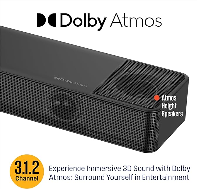 Westinghouse 3.1.2 Channel All-in-One Soundbar with Dolby Atmos and Digital Plus, Built-in Low Frequency Driver and Height Speakers, 210W Surround Sound, eArc, HDMI, Bluetooth, Roku TV Ready