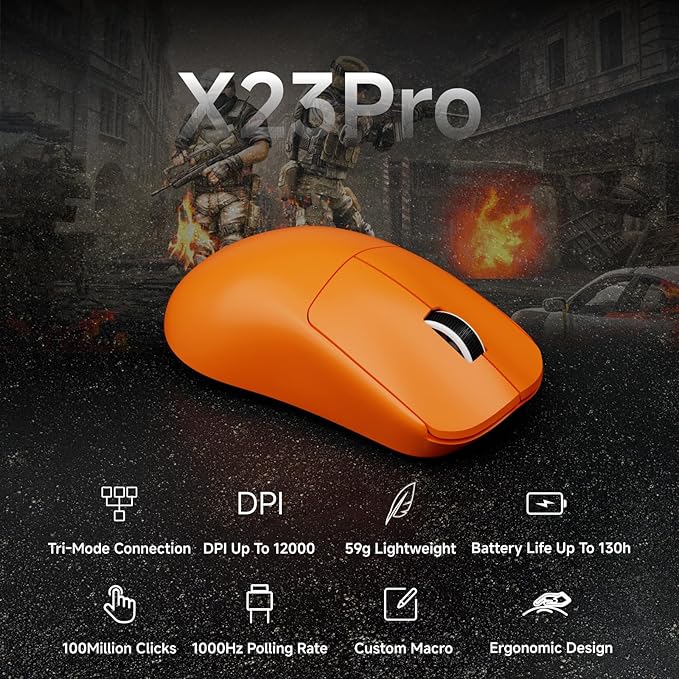 EWEADN X23Pro Wireless Gaming Mouse, 49g Lightweight Mouse, PAW3311 Sensor, 12000 DPI, 2.4G/BT5.0/USB-C Rechargeable Wireless Mouses with 6 Programmable Button, Grip tape, for Laptop/PC/Mac, Orange