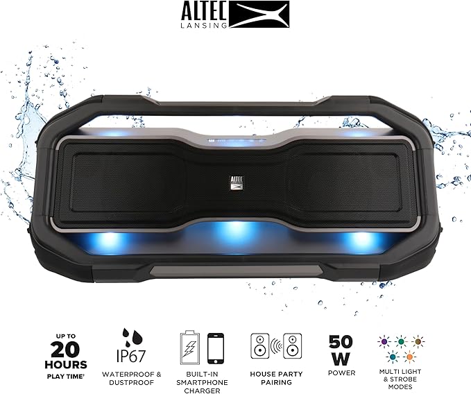 Altec Lansing ROCKBOX XL Wireless Bluetooth Speaker, Portable Waterproof Speaker with 20 Hour Playtime and 5 Illuminating LED Light Modes, Floating Wireless for Indoors and Outdoors