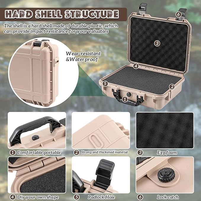 14.3 x 11.4 x 4.5 Inch Waterproof Hard Case with DIY Customizable Foam Insert Portable Protective Case with Knife for Camera Drones Equipments Tools Test Instruments (Tan)