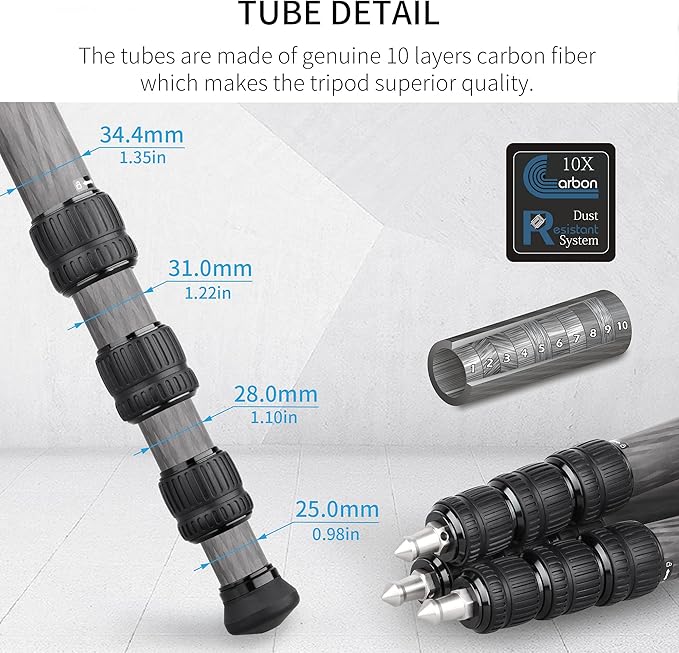 Carbon Fiber Tripod-INNOREL ST344C Professional Heavy Duty Camera Stand with 75mm Bowl Adapter Tube Leg 34.4mm, Max Load 77.2 lbs/35kg,Max Height 63 in/160cm for DSLR Travel Shooting No Mid-Column
