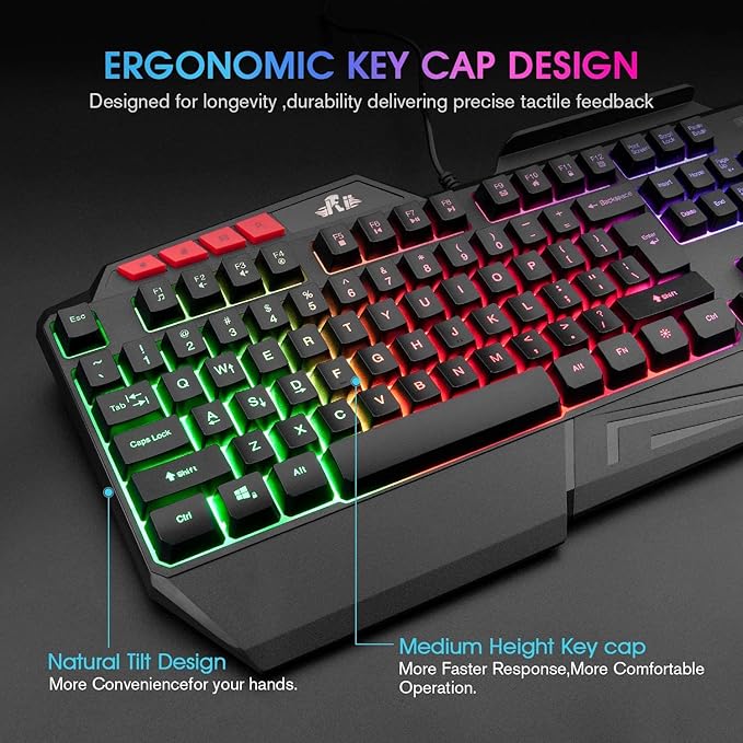Rii RK202 RGB Gaming Keyboard Multiple Color Rainbow LED Backlit USB Wired Gaming Keyboard with Wrist Rest for Windows & Mac PC Gamers (Black)