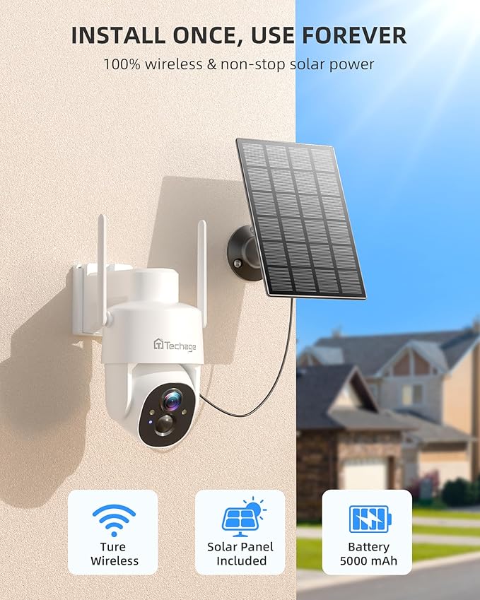 2K Solar Cameras Outdoor Wireless, Security Cameras Wireless Outdoor, Battery Powered cam with Spotlight, 2-Way Talk, PIR Motion Detection, Color Night Vision, 360° PTZ, Siren, Compatible with Alexa