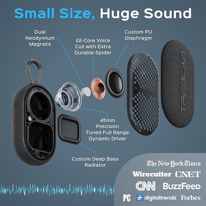 TREBLAB HD-Go - Ultra Portable Hand Held Speaker with Clip, 7W Power with Bass, 16H Playtime, IPX7 Waterproof, Built-in Mic, Compact & Lightweight, USB-C Charging – Small Speaker Bluetooth Wireless