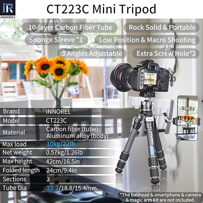 INNOREL 10-Layer Carbon Fiber Mini Tripod CT223C Desktop Tripod with Low Position Macro Shooting, Tabletop Camera Stand, Compact Lightweight Portable for Digital DSLR, DV Video, Max Load 22lb/10kg