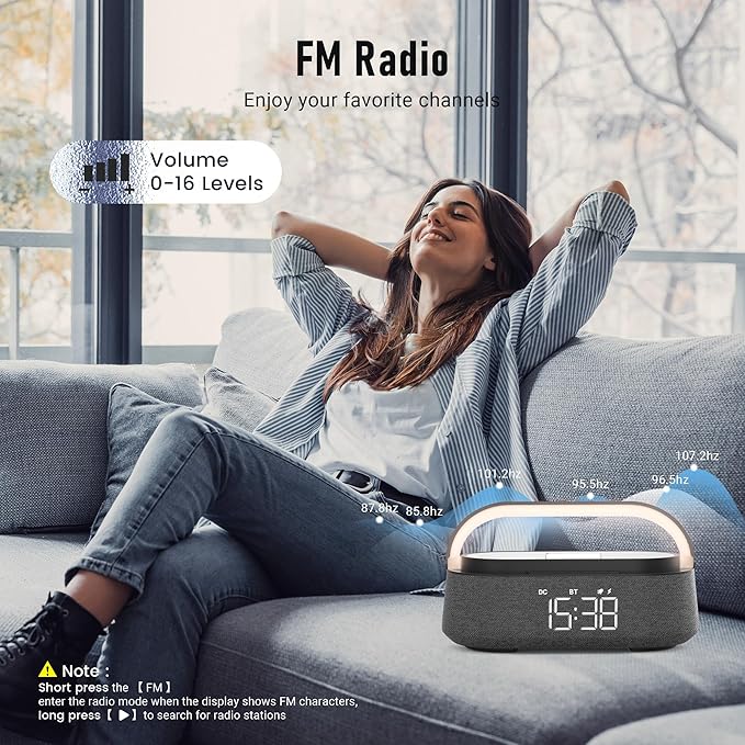 FREEFISH Bluetooth Speaker with Fast Wireless Charger,FM Radio,Touch LED Night Light,Phone Holder,Snooze, Portable Wireless Speaker for Bedrooms Office Home, Gifts (Black)
